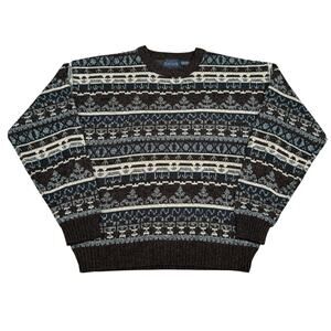 Vintage Fair Isle Knit Sweater Brown Geometric Pattern XL Basic Editions